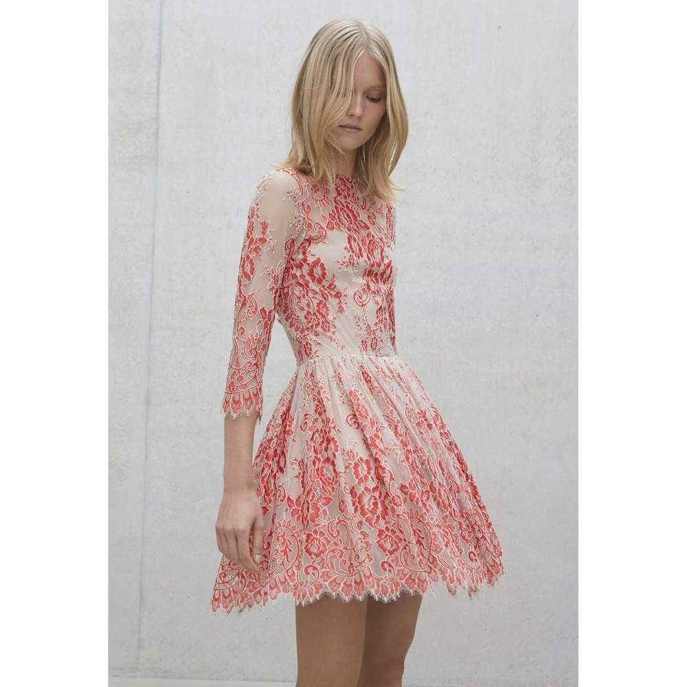 NWT ALEXIS Bella Dress Red Lace Mini Long Sleeve Size XS Fit & Flare Tulle Chic